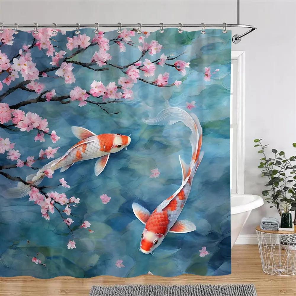 Japanese Style Shower Curtain Koi Fish Cherry Blossom Sun Sea Wave Octopus Landscape Polyester Fabric Curtains Bathroom Decor