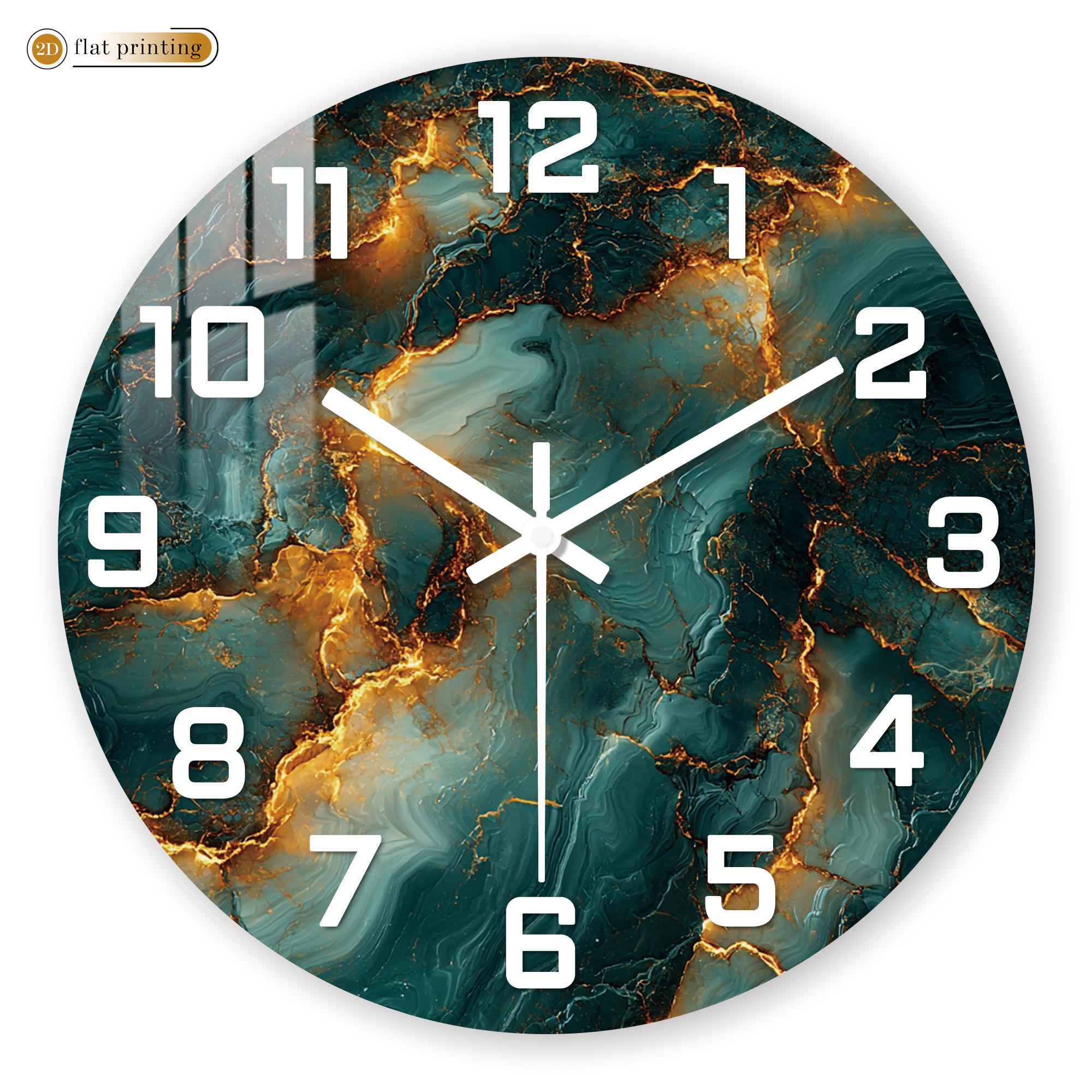 Luxury Marble Texture Wall Clock - Teal  Gold Abstract Veins Design, Precise Silent Movement, Modern Living Room/Office Decorat 10 inch