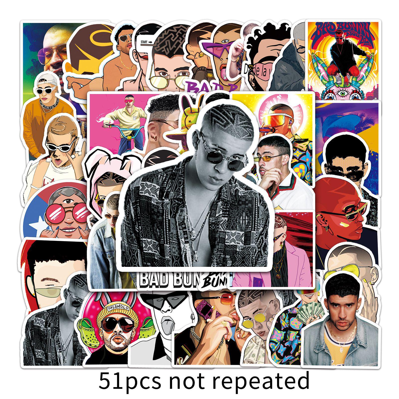 51-Piece Bad Bunny Puerto Rico Graffiti Star Stickers for Laptop, Fridge, Car, and Skateboard