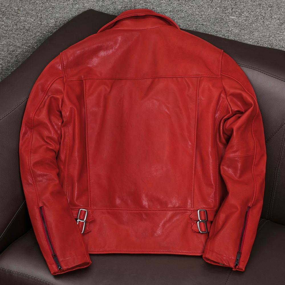 New Genuine Sheepskin Leather Jacket Men Slim Fit Korean Style Red Biker Coat
