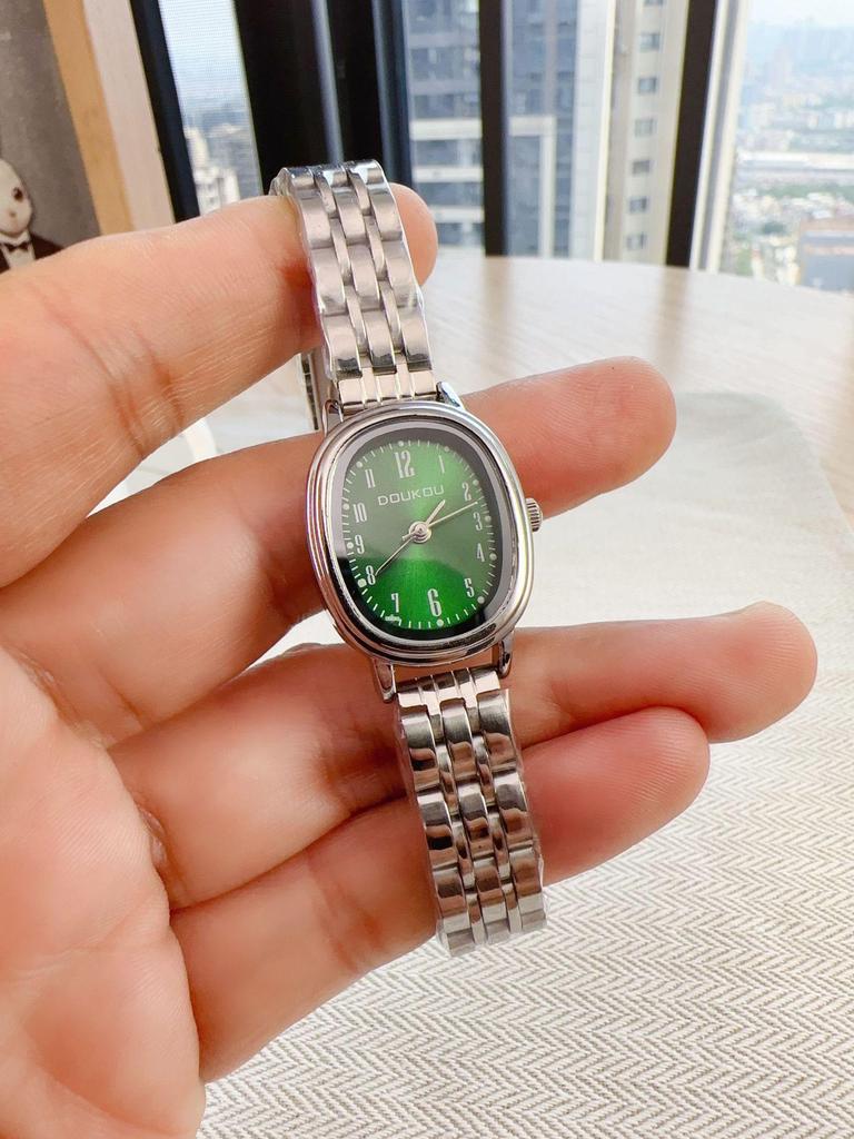 Women's Minimalist Quartz Watch with Elliptical Dial and Digital Markers, Steel Band, Small Wristwatch