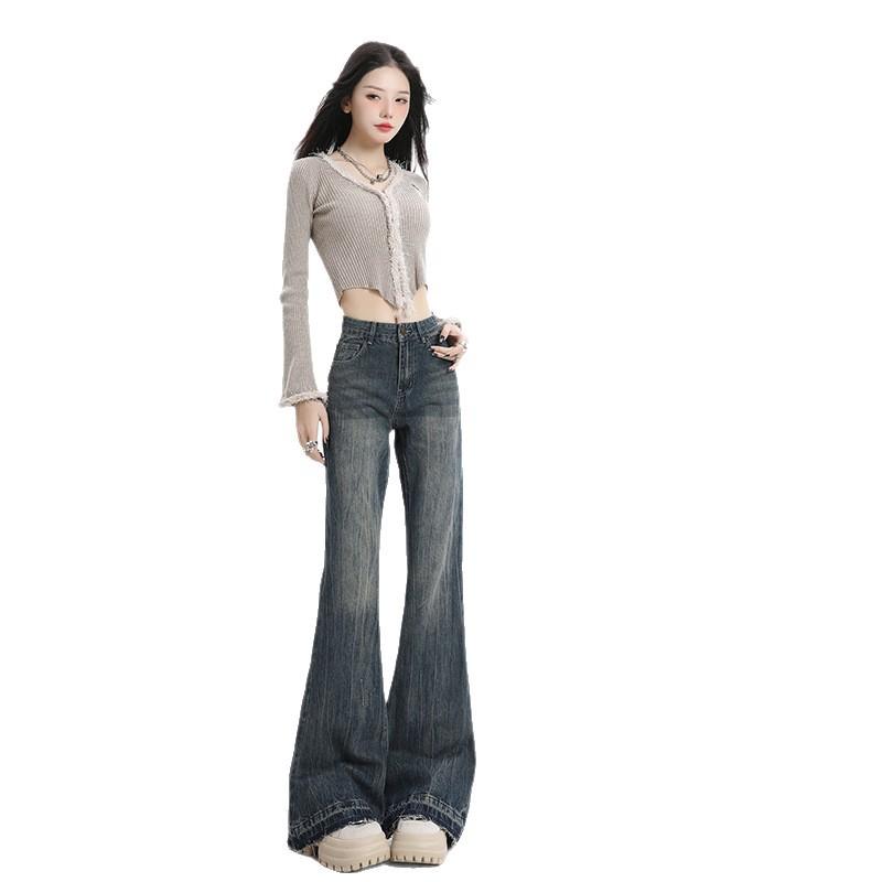 911 #single American Retro Micro-pull Denim Women's Pants High Waist Loose and Thin Flared Pants