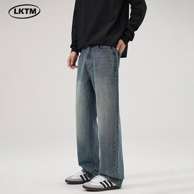 LKTM Men's Retro Washed Bamboo Jeans - Loose Fit, Slimming, Versatile Straight Long Pants