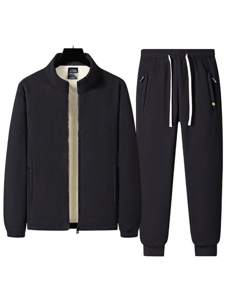 Men's Warm Winter Two-Piece Set: Stand-Collar Lambswool Fleece Jacket and Casual Pants.