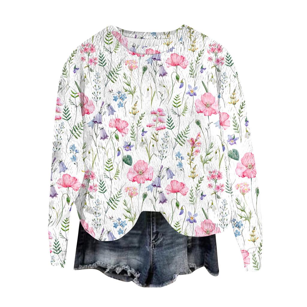 Women's Fashion Round Neck Pullover Top Long Sleeve Tee Printed Sweatshirt