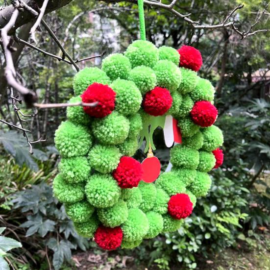 13 Inch Christmas Green Elf Wreath for Front Door Plush Pompom Ball Wreath with Wooden