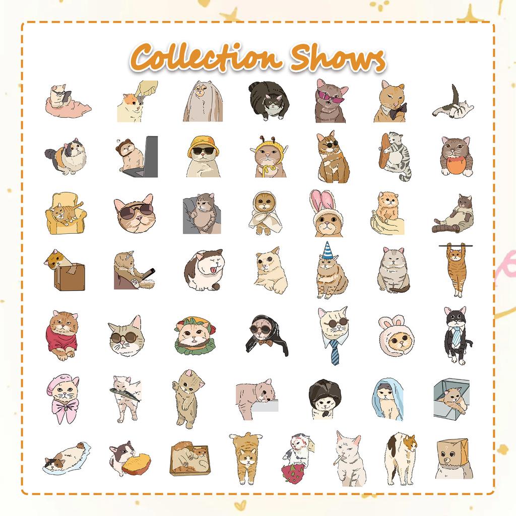 50 Pieces of Hand-drawn Cat Expression Stickers, Waterproof PVC Self-adhesive Stickers for Notebooks and Water Bottles