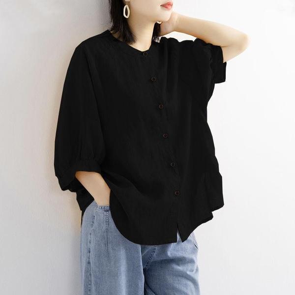 Women's Cotton Linen Shirt Lantern Sleeve Vintage Artistic Top Plus Size Loose Mid-Sleeve Blouse