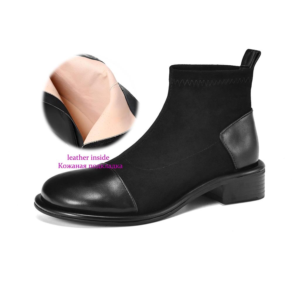 Krazing Pot Flock Autumn Winter Shoes Low Heels Size 43 Stretch Boots Back Patch Work Street Wear Elastic Ankle Boots