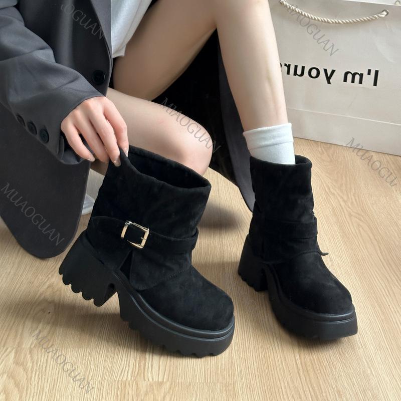 Fashion Western Short Boots Women 2025 Spring and Autumn New Retro Thick High Heels Shoes Platform Trouser Stacked Suede Ankle Boots