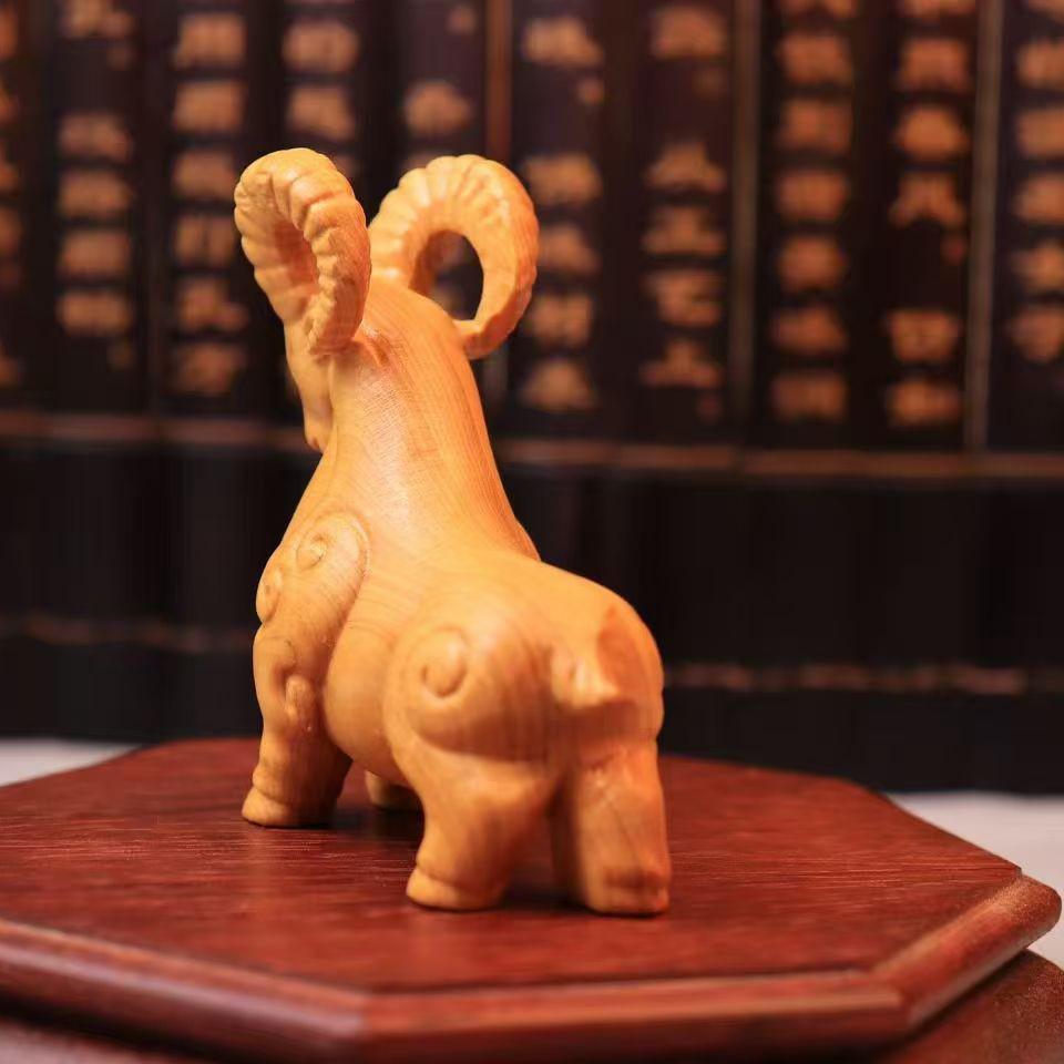 Cliff Cypress Hand-Carved Mountain Goat & Sheep Zodiac Figure - Solid Wood Home Decor