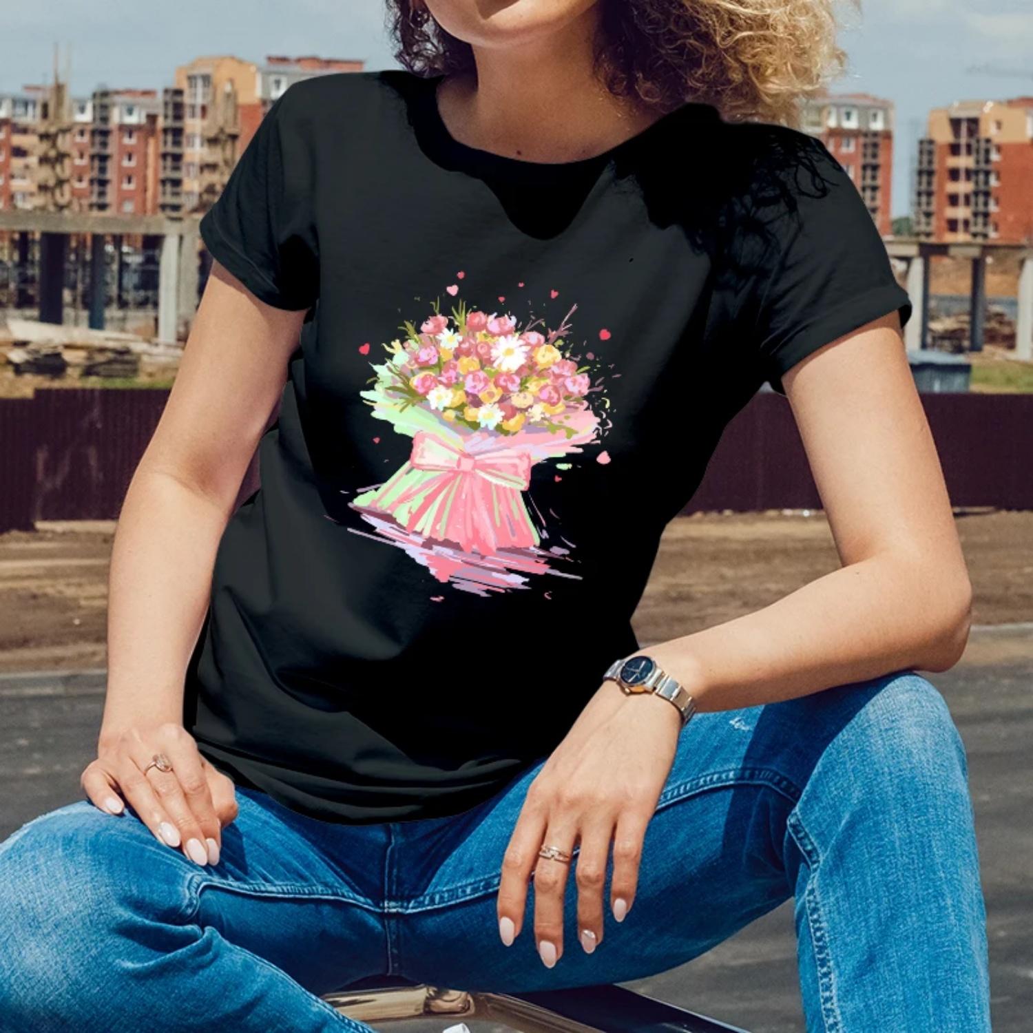 

Summer WomensShortSleeve CottonTShirt Bouquet Flower PrintforOutdoorSummer CelebrationsYoungWomenwith anElegantDelicate Style S
