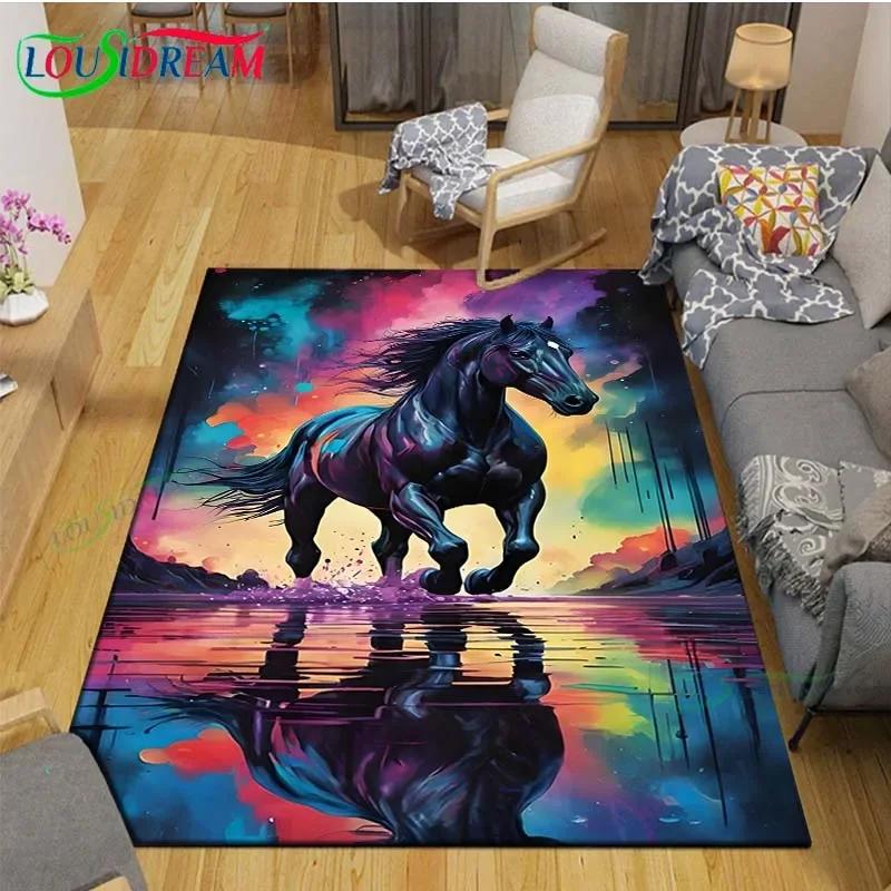 3D Realistic Horse Print Area Rug – Non-Slip Large Carpet for Living Room or Kids Bedroom – Artistic Home Decor Floor Mat