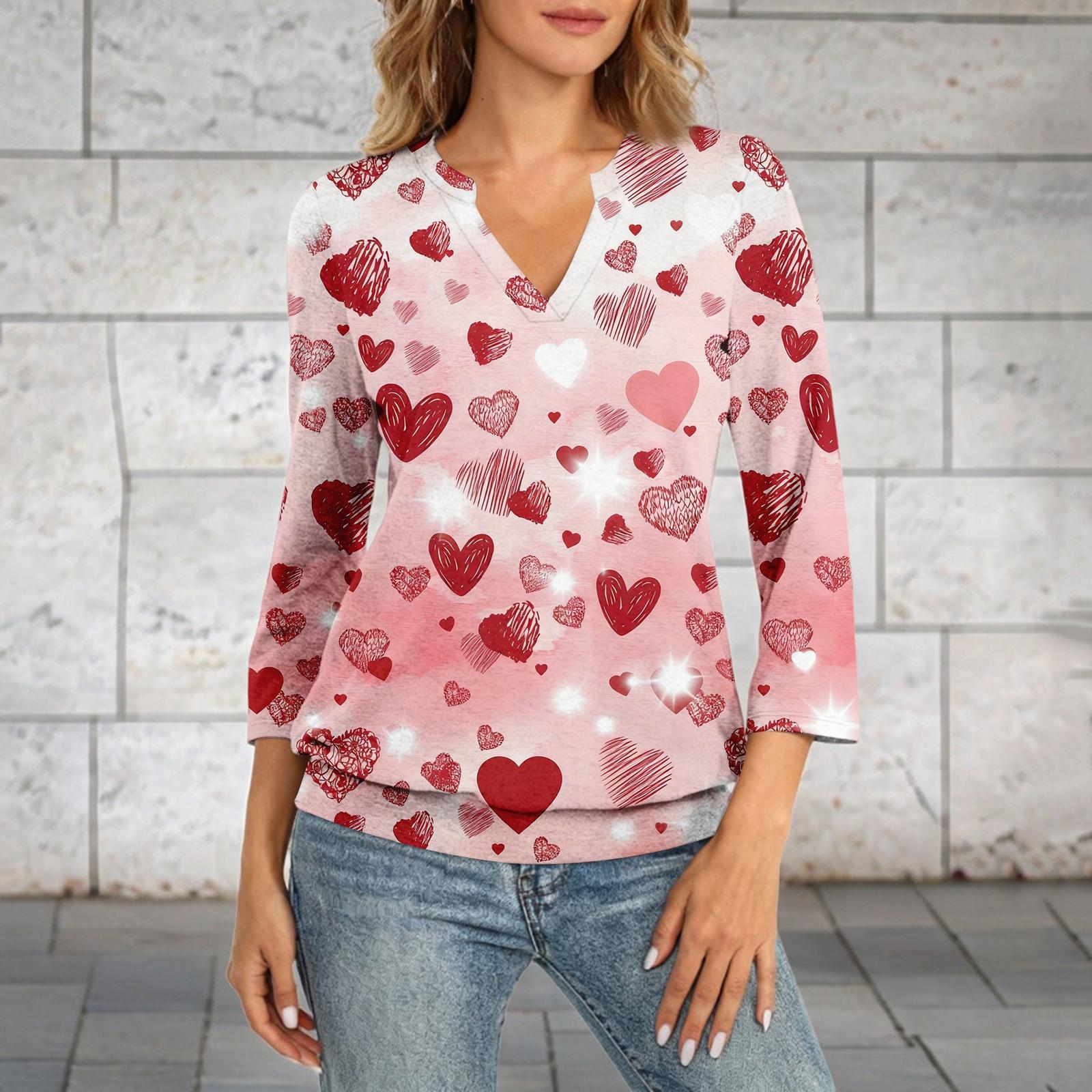 

Women s 3/4 Sleeve Top With Gathered Hem, V,neck, Summer Casual ,shirt, Valentine s Day Printed Top S