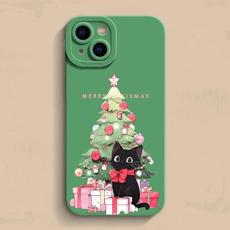 

Christmas Tree Black Cat Phone Case For iPhone 15 Pro Max 16 14 Plus 13 12 11 Pro Max 7 8 XR X XS SE Shockproof Silicone Cover iPhone XR