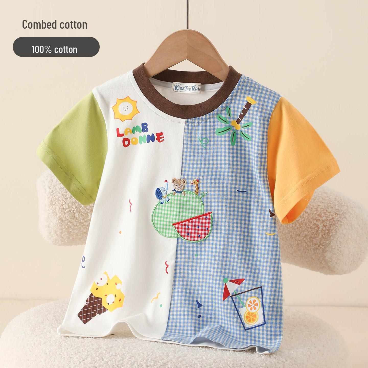 Summer Cartoon Color Block Toddler T-shirt - Short Sleeve, Round Neck, Pure Cotton, for Boys & Girls 110