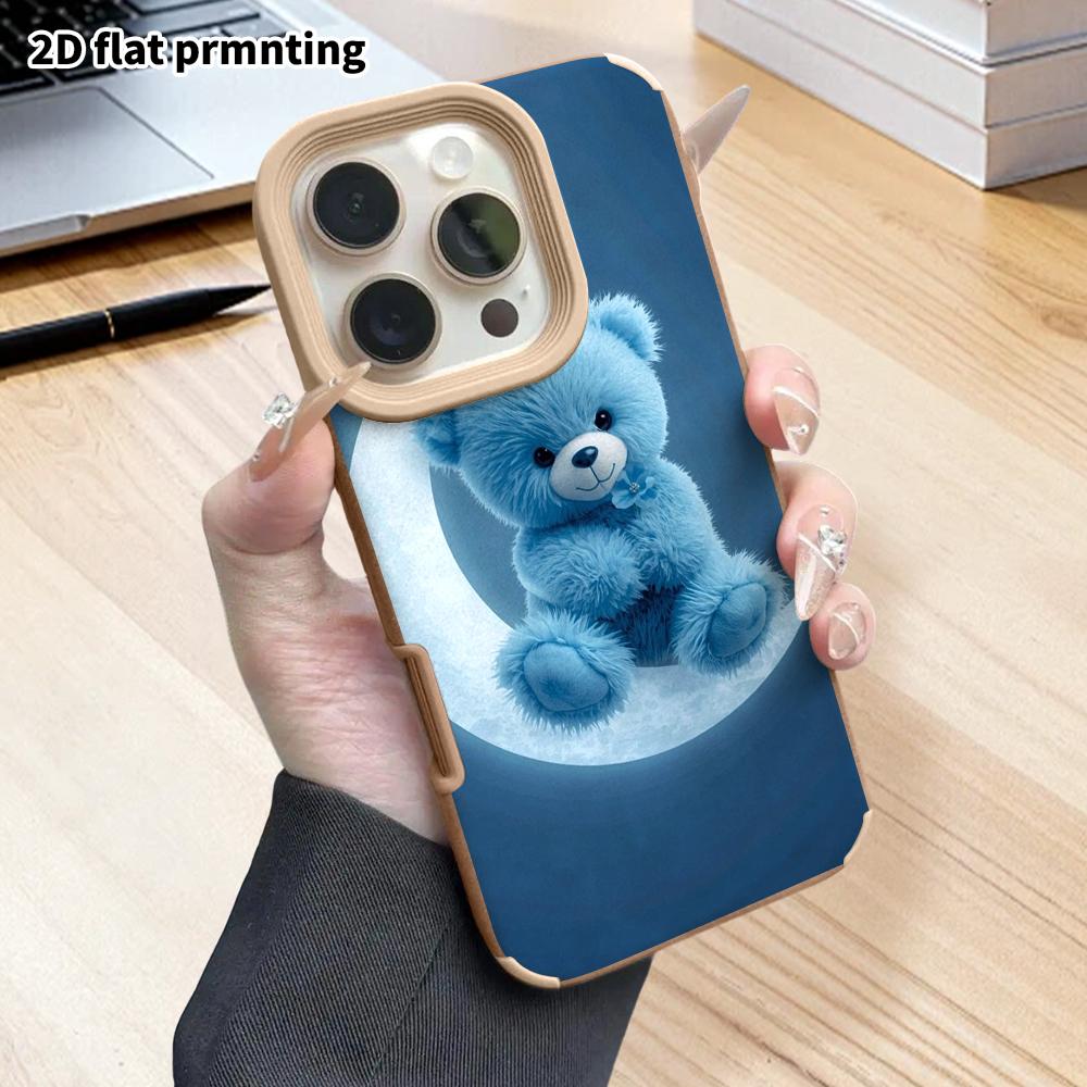 Phone Case: 2D flat lambskin suitable for iPhone 18, 17, 16, 15, 14, 13 Pro, crescent blue little bear, Christmas and Halloween gifts