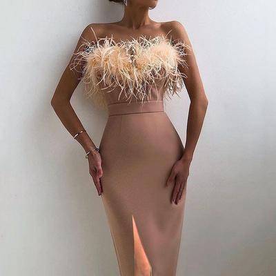 New Spring And Summer European And American Women'S Clothing Suspender Feather Dress Banquet Slim Temperament Skinny Bag Dress