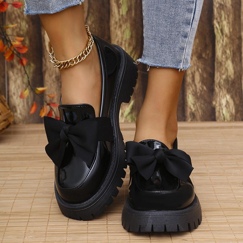 Fashion Women's Bowknot Decor Platform Loafers Fashion Wine Red Patent Leather Dress Shoes Woman Comfort Slip On Flat Shoes Plus Size 43