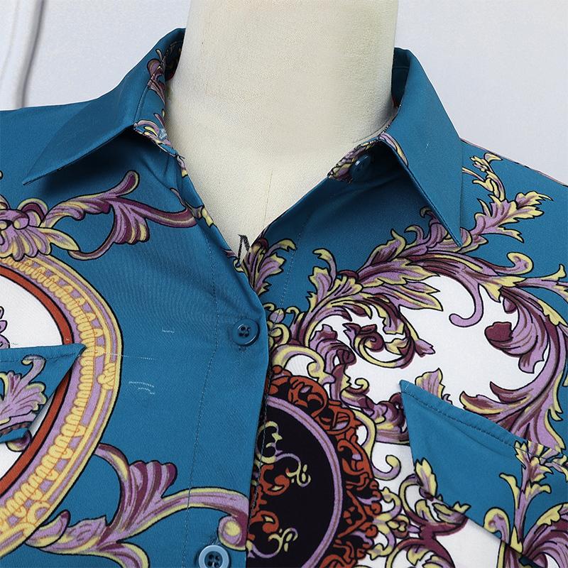 Women Lapel Collar Long Sleeve Floral Printed Casual Long Shirt Dresses