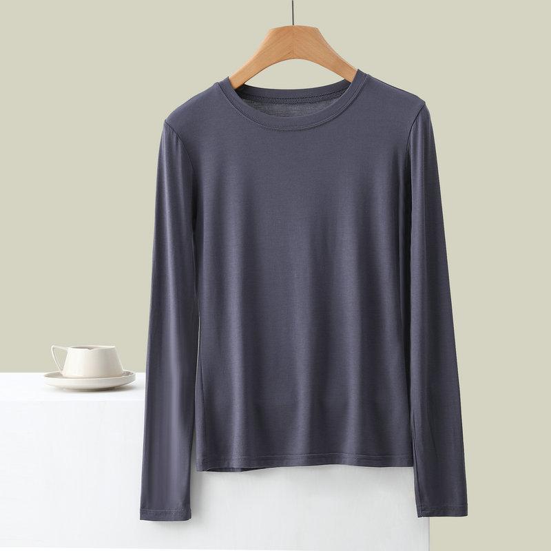 Women's Crew Neck Long Sleeve Tee Slim Fit Commuter Casual Top Solid Rayon Spandex Summer Undershirt Basic Layering Shirt