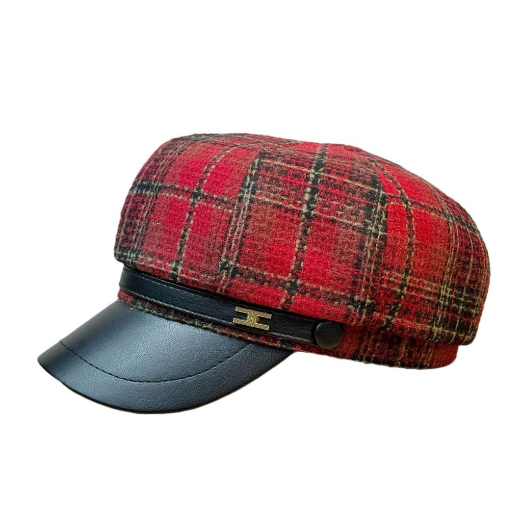 Octagonal Hat Women's Autumn and Winter Retro British Plaid Woolen Beret Versatile Newsboy Hat Trend