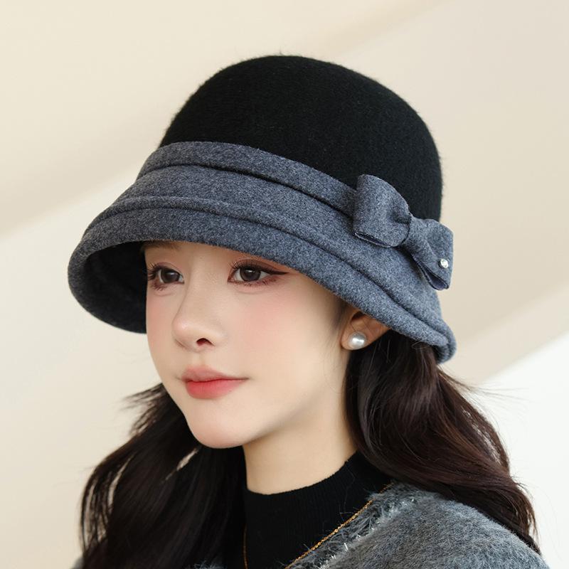 Wool Bucket Hat Women's Autumn and Winter Retro Bow Top Hat Winter Warm Foldable Tweed Bucket Hat - Face- Fisherman