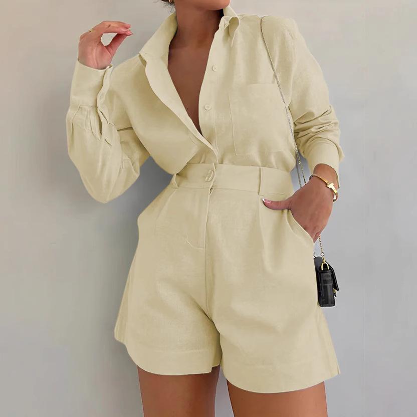 2024 Trendy Women's Casual Suit: Long Sleeve Shirt & Shorts Set