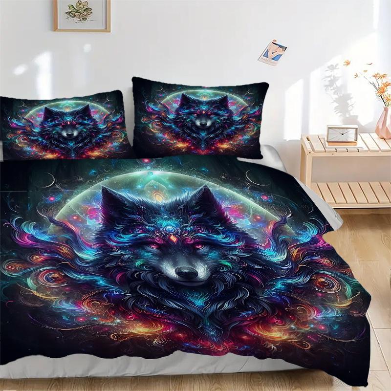 3pcs Psychedelic Journey Wolf Printed Quilt Set - Soft and Comfortable Quilt Cover for Bedroom, Guest Room and Dormitory