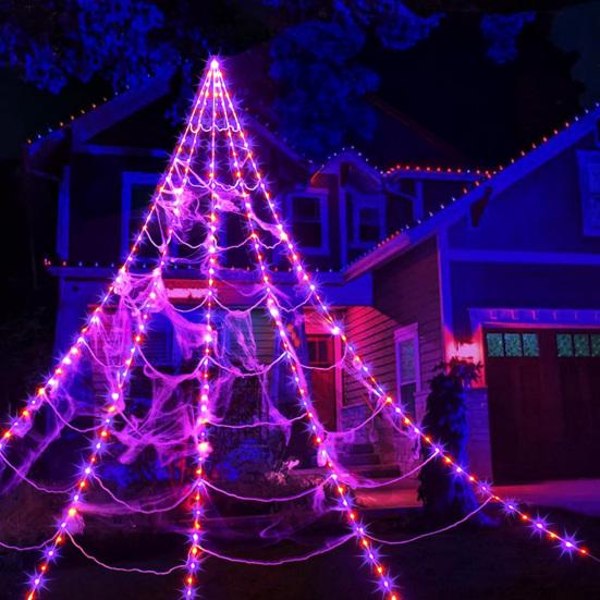 Halloween Edderkoppnettlys 250 LED Vanntette Nettlys med Edderkopp Fjernkontroll Spindelvev for Gård Hus Hage Utendørs Innendørs Fest Hjemsøkt