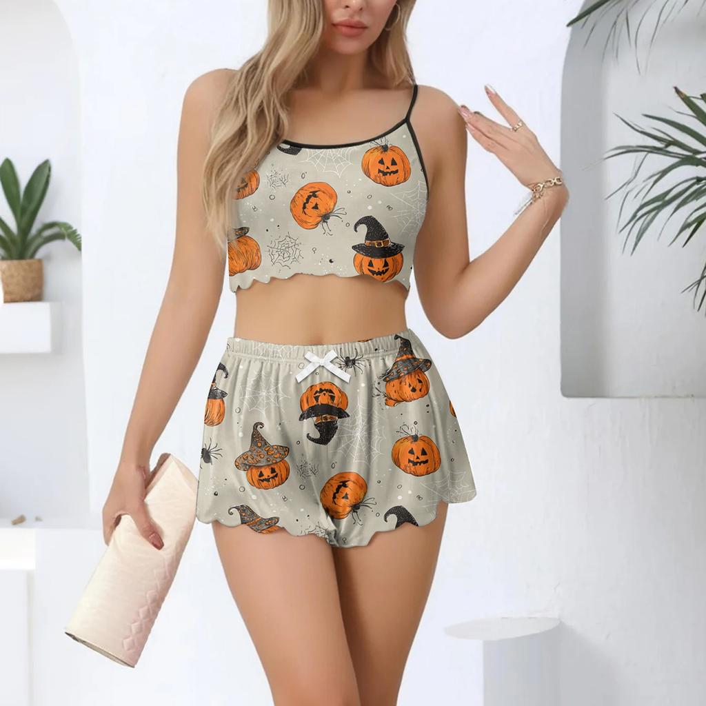 Women's Halloween Set With Retro Floral Print Suspender Sleeveless Vest Shorts Pajama Set
