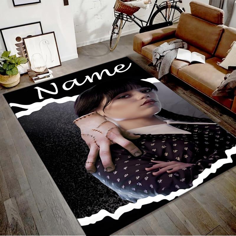 Custom Addams Family Wednesday Mat Personalized Name, Polyester Washable Indoor Entryway Rug, Gift for Christmas, Easter, Thanksgiving Day
