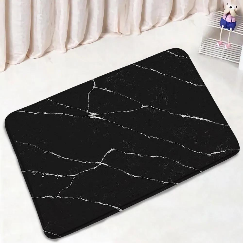 Black Marble Shower Curtain Set White Lines Cracked Pattern Modern Geometric Bathroom Decor Non-Slip Rug Bath Mats Toilet Cover