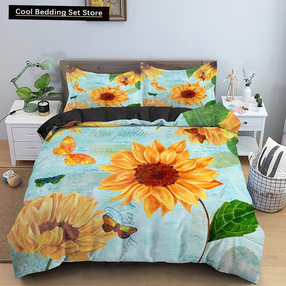 3D Sunflower King Queen Duvet Cover Yellow Flowers Bedding Set  Floral Green Leaves Comforter Cover 2/3pcs Polyester Quilt Cover