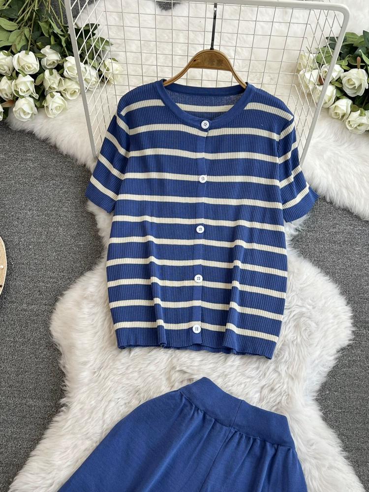 Summer Women Casual Knitted Sweater Pant Set Single Breasted Striped Tops and Shorts Chic Student Two Piece Suit