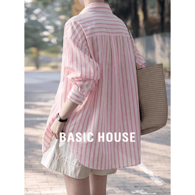Basic House Women s Striped Ice Silk Sunscreen Shirt M