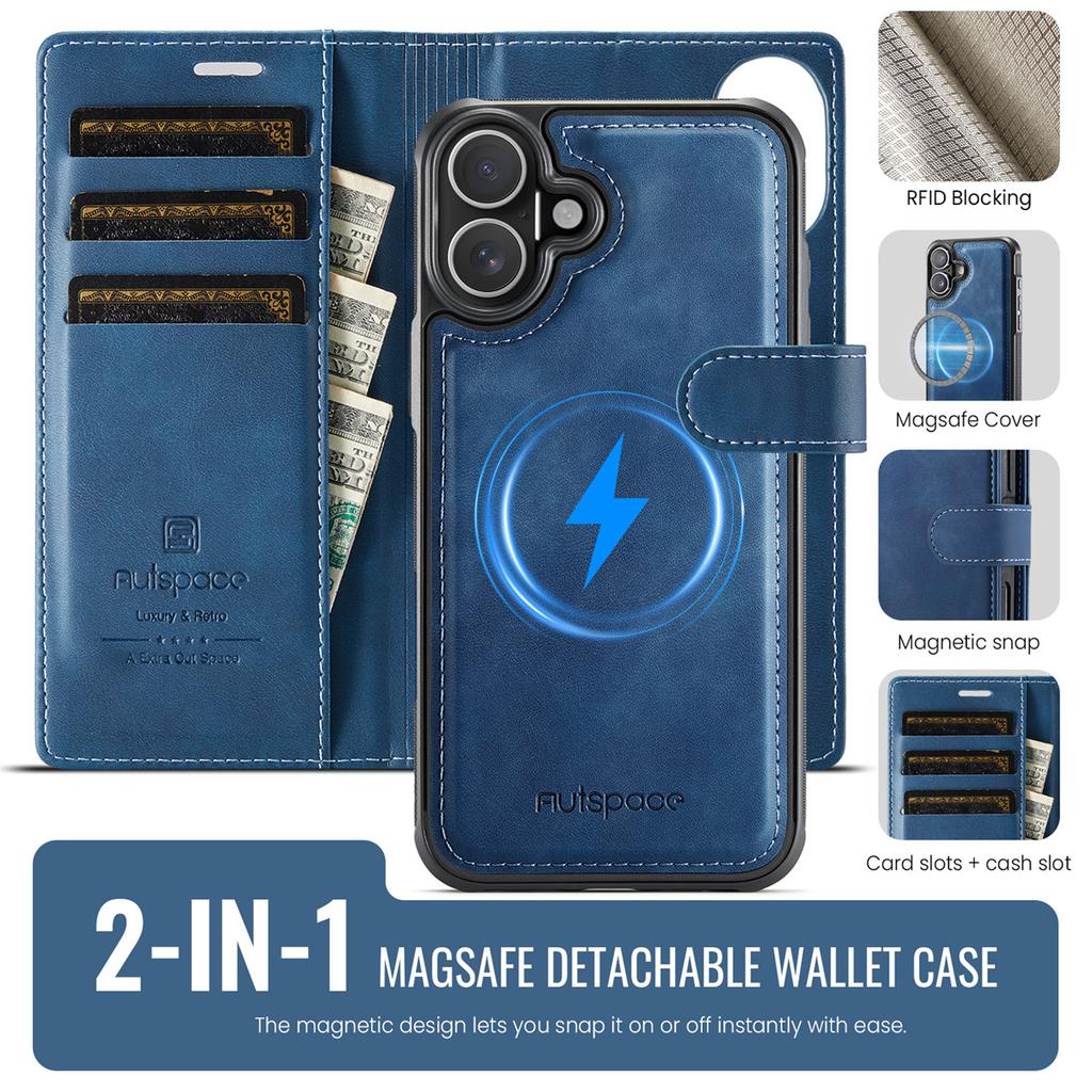 2-in-1 Magnetic Magnetic Detachable Wallet Case for iPhone 17/17 Pro/17 Max/17 Air - PU Leather, Card Slots, MagSafe Charging, 360° Protection