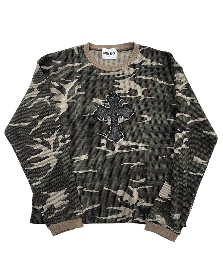 SK8ER ROCK Cross Camouflage Waffle T-Shirt (Khaki)