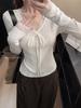 Kumikumi Pure Desire White Lace-Up V-Neck T-Shirt for Women - Autumn Slimming Casual Top