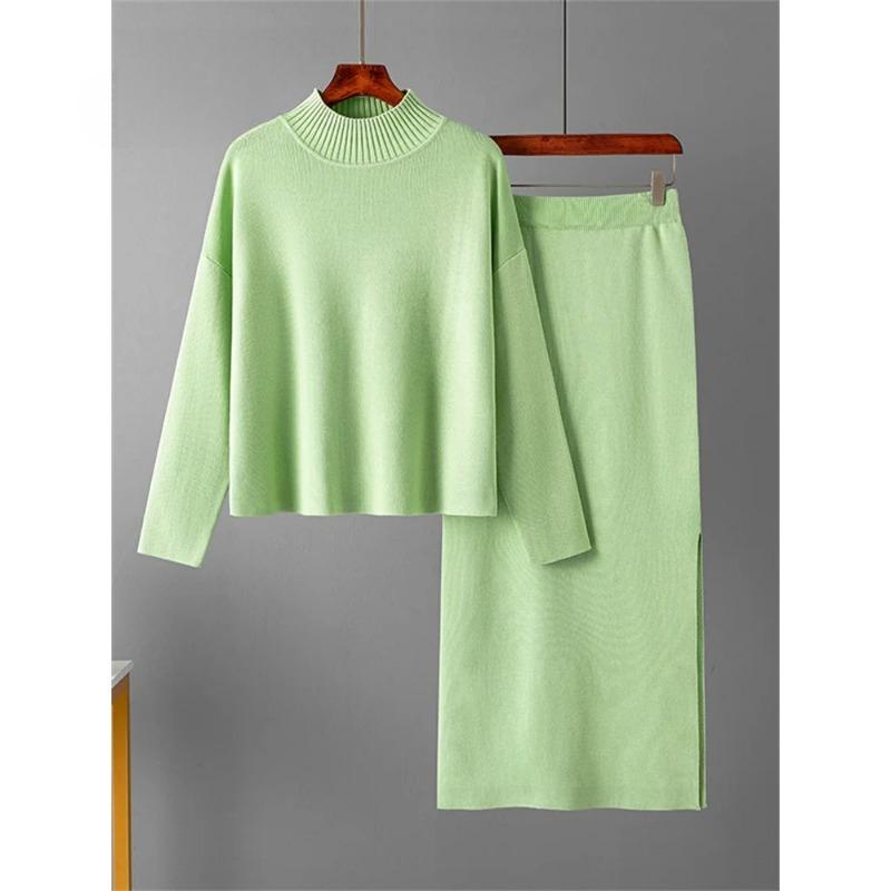 Fashion Autumn Sweater Two Pieces Suits Women Loose Warm Pullovers+Split Long Skirt 2026 Winter Casual Knitted Sets