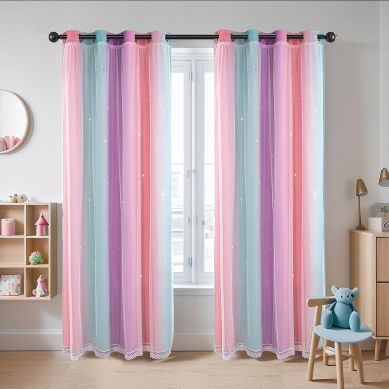 Children'S Room Curtain Double Hollow Star Punching Curtain Gradual Change Yarn Punching