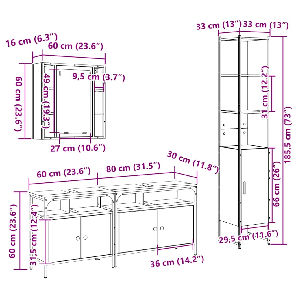 Bathroom Furniture Set 4 pcs Black Oak Effect Wood Based Material