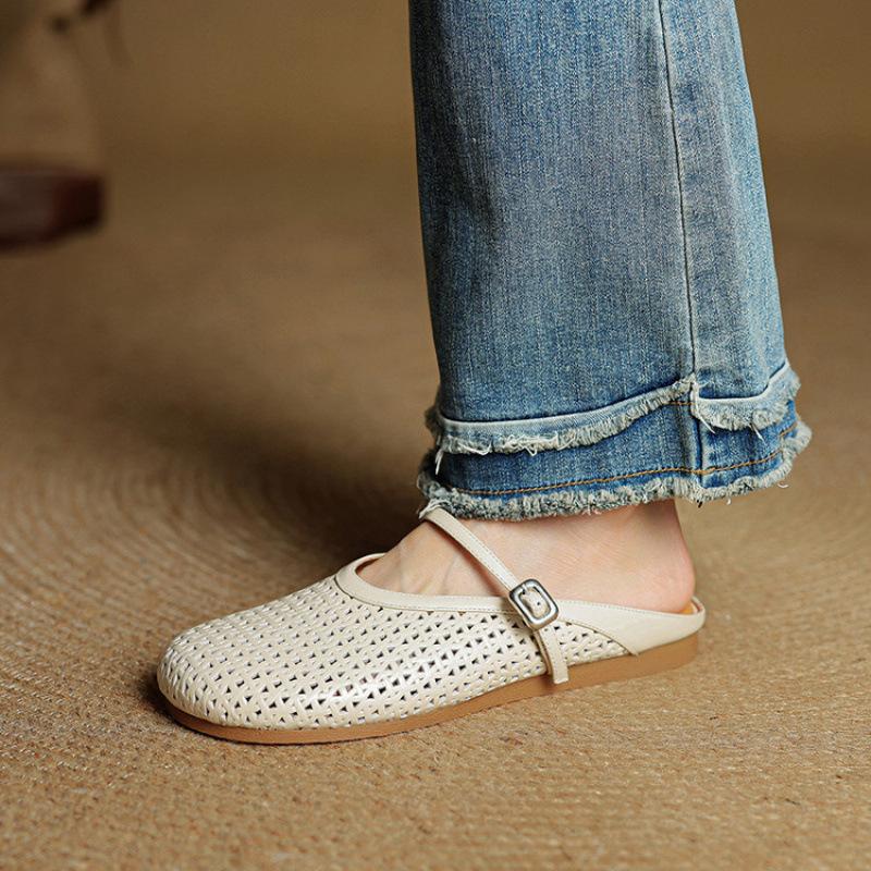 Summer Women's Baotou Slippers Casual Solid Color Flat-bottomed Slippers Women's Genuine Leather Beef Tendon Soft Bottom Cool Slippers New Foot Cover