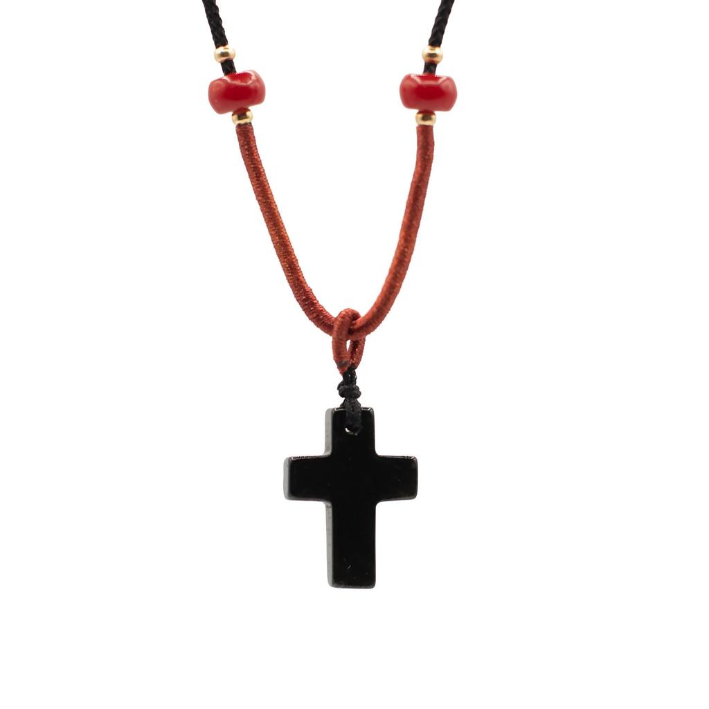 Cord Necklace Gemstone Pendant – Black Agate Cross