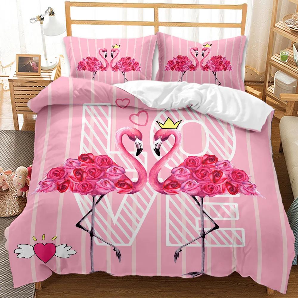 Flamingo Duvet Cover Couple Flamingo Palm Leaf Twin Bedding Set Tropical Botanical Leaves Summer King Size Polyester Quilt Cover