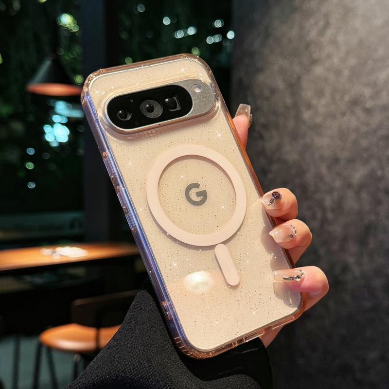 Glitter Clear Wireless Charge Magnetic Case For Google Pixel 9 Pro XL 8 Pro 8A TPU Soft Edge Shockproof Transparent PC Phone Cover