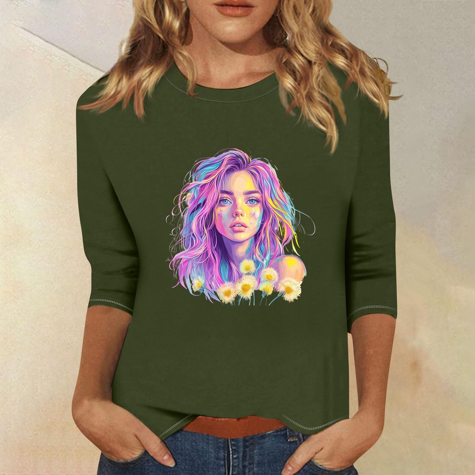 

3/4 рукава топы для женщин футболка повседневные принты топы футболка круглый вырез пуловер блузка S