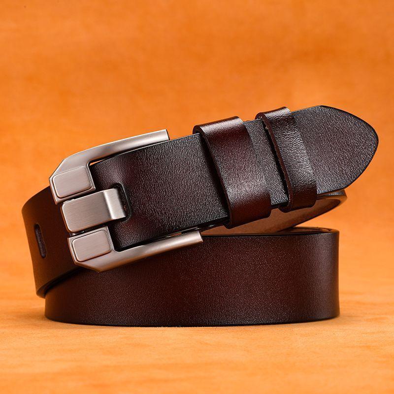 Color Solid Men Leather Belt With Geometric Style And Durable Alloy Pin Buckle