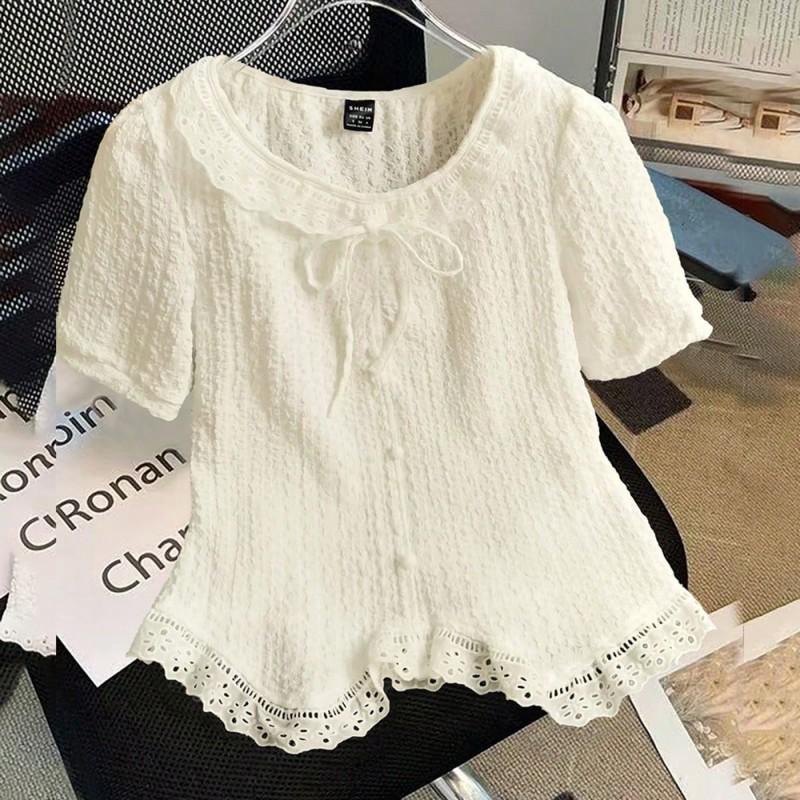 Womens Elegant French Style Short Sleeve Blouse With Ruffled Detail Slim Fit Cotton Blend Top Small