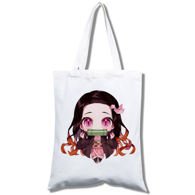 Kawaii Dämonentöter: Kimetsu No Yaiba Anime Einkaufstasche, Einkaufstasche, Reisetasche, Canvas-Tasche, Einkaufstasche, weiße Strandtasche